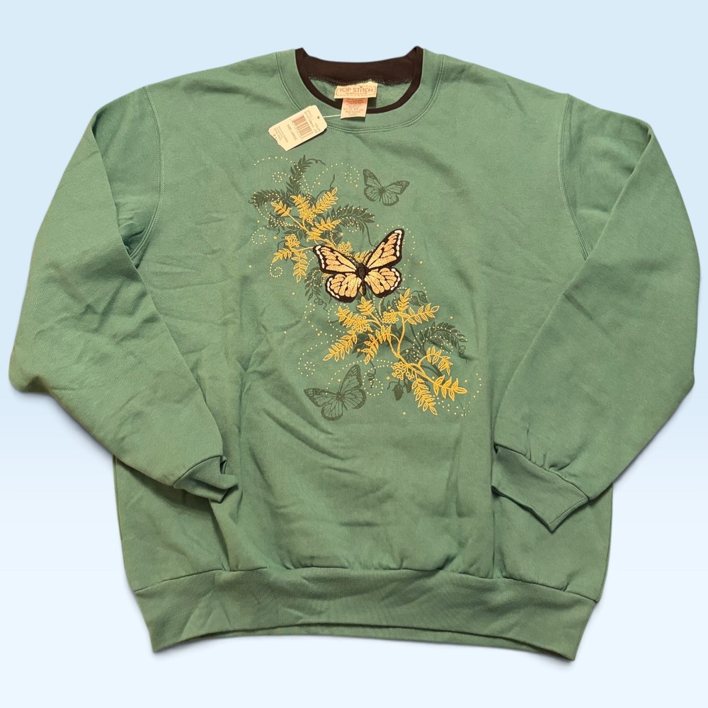 Top Stitch By Morning Sun Sweatshirt Womens Large Green Butterfly Floral Fleece